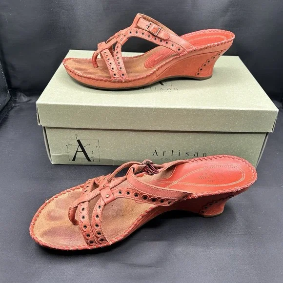 Clarks Artisan Sago Wedge Sandals Womens Size 8.5 Mango Leather Grommeted Straps - Picture 3 of 15